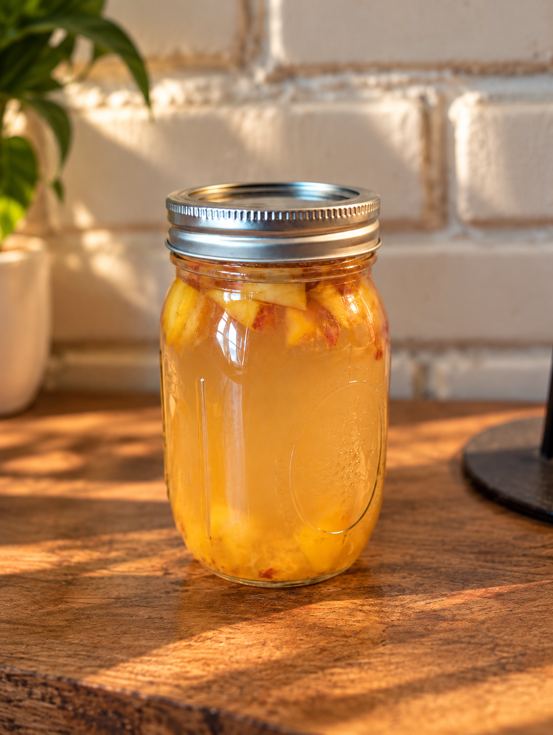 Orchard Press lemonade in a mason jar on a warmly lit wooden table