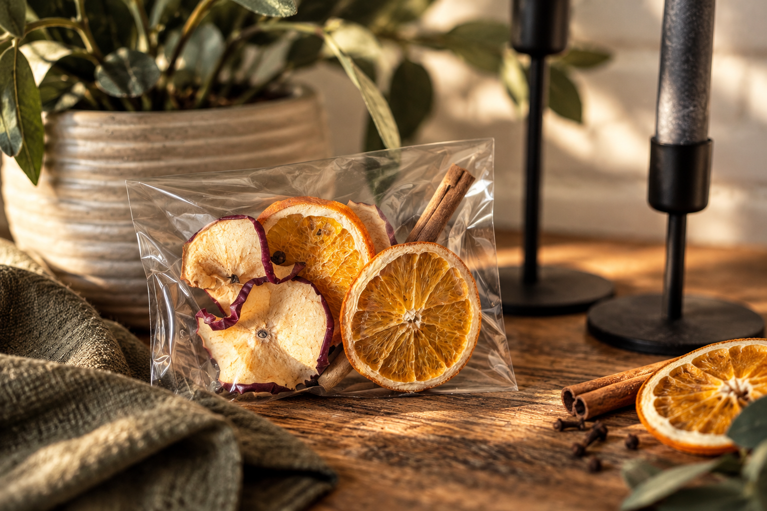Come Inside dried-fruit simmer blend in its clear pouch on a rustic wooden table