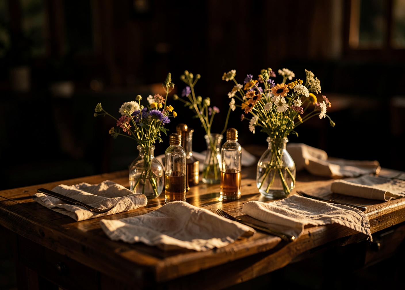 A wooden beverage table with glass dispensers and florals at golden hour