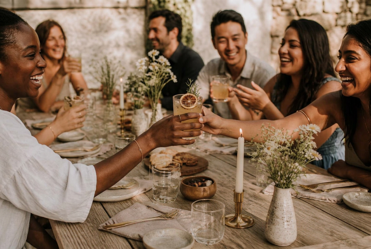 Friends passing a garnished drink across a long wooden table set with wildflowers