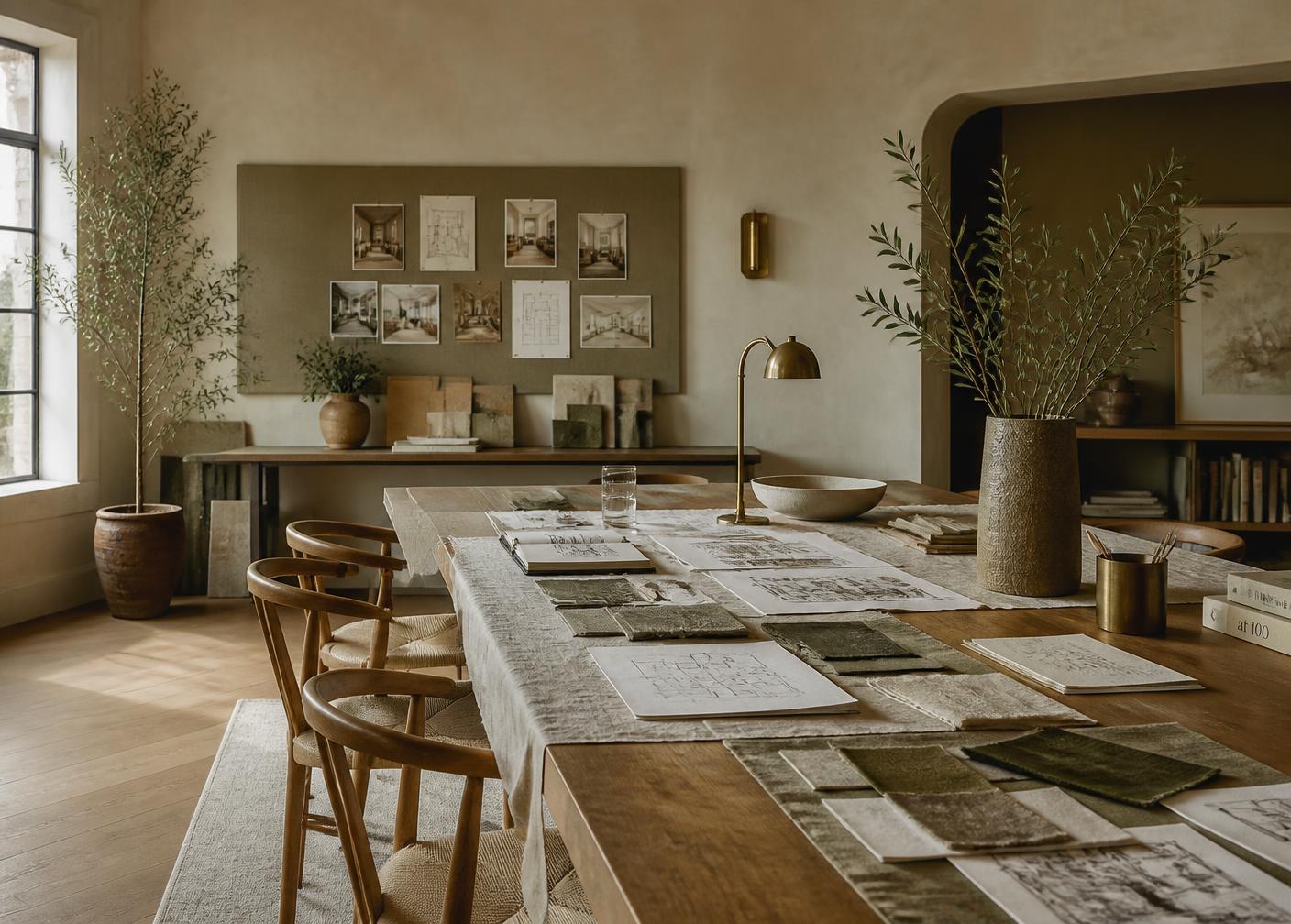A long oak studio table layered with linen, drawings, and material samples